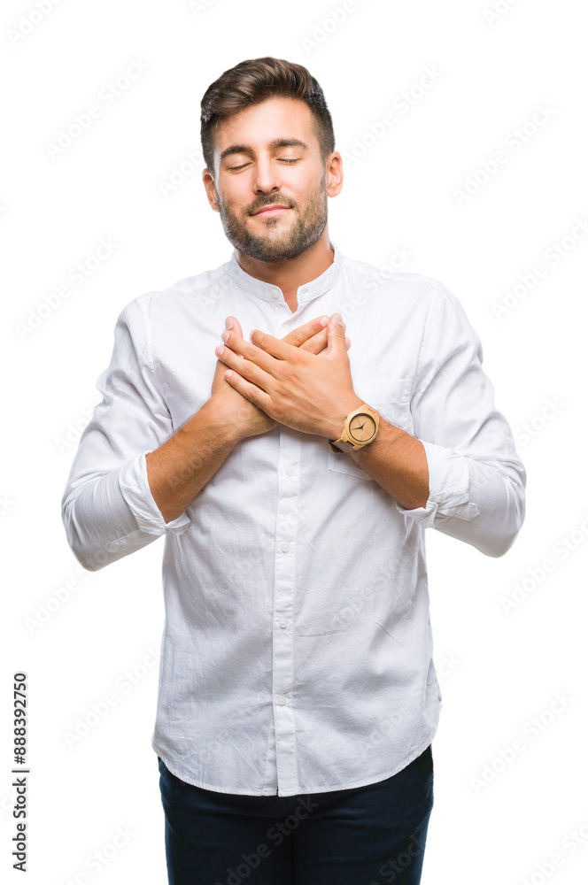 Sticker young handsome man over isolated background smiling with hands on chest with closed eyes and gratefu