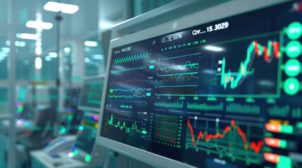 Obraz premium financial health monitor displaying the vital signs of an economy with graphs and indicators in a hospital-like setting