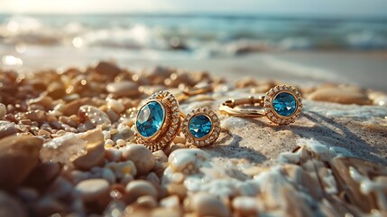 Closeup view of earrings set with a blue diamond ring and bracelet resting on the beach