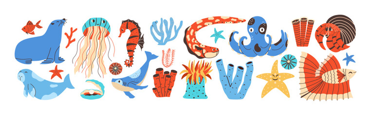 Cute happy hand draw sea animals. Baby ocean characters. Cartoon set with electric eel, hermit crab, sea cow, fish. Vector collection.