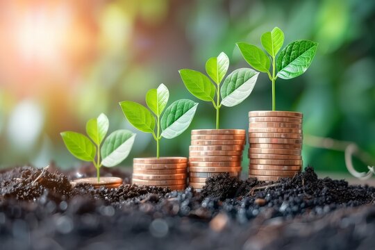 Coins with growing plants on top in soil with sunlight in the background