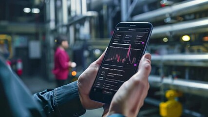 A worker in an industrial setting uses their smartphone to monitor data and performance metrics. The screen displays a graph and other information.