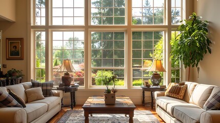 Contemporary living room with traditional window