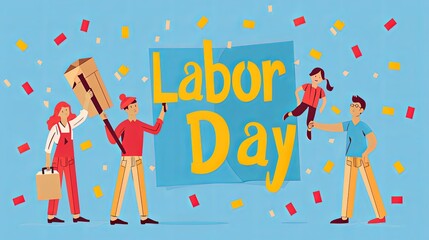 Obraz premium Minimalist Labor Day Card Featuring Diverse Workers and Festive Confetti