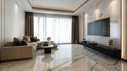 Cream colored fabric sofa black cabinet and flat screen smart tv in modern and luxury white wall and marble floor living room with sunlight from window sheer curtain