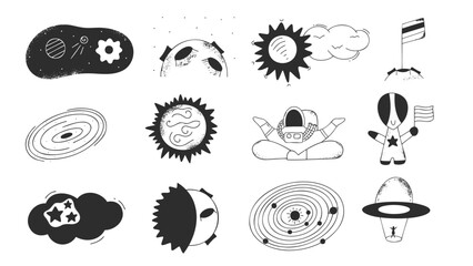Set of different space icons in hand drawn doodle style. Cosmic collection. Design collection with sun, moon, astronaut, galaxy, solar system.