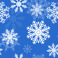 Different white snowflakes on a blue background. Winter seamless pattern. Vector illustration for window decoration, textiles, wrapping paper.