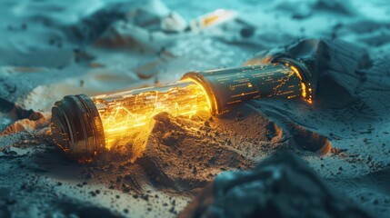 financial time capsule buried in a digital landscape, glowing and half-buried in digital sand