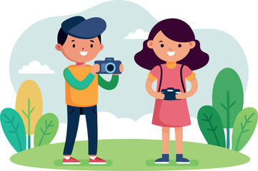 Kids exploring nature with a magnifying glass and camera