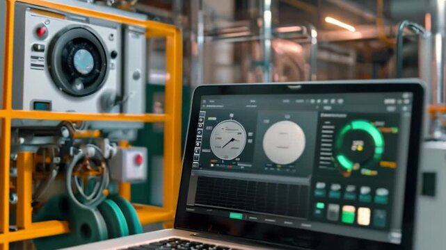 A laptop in a factory shows graphs and data of industrial equipments operation on its screen.