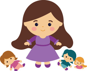Obraz premium Little girl playing with dolls in purple dress