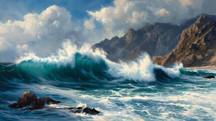 Dramatic ocean waves crash against a rocky coastline with mountains in the background under a cloudy sky.