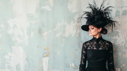 Elegant woman in a black dress and elaborate hat standing against a rustic, textured wall.
