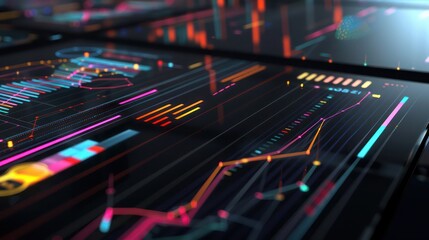 series of abstract, colorful, interconnected lines and graphs depicting financial analysis over a sleek black surface