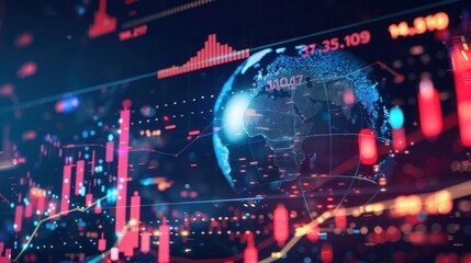 digital globe spinning slowly, dotted with real-time financial indicators and trends lighting up major cities