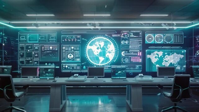 Futuristic command center with workstations and large screen, displaying world map and data visualizations, designed for real-time monitoring and analysis.