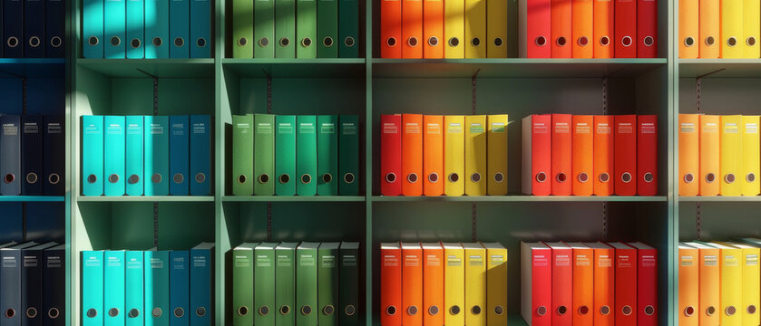 Uniformly placed colorful binders on shelves, creating a visually appealing and organized workspace filled with vibrant hues.