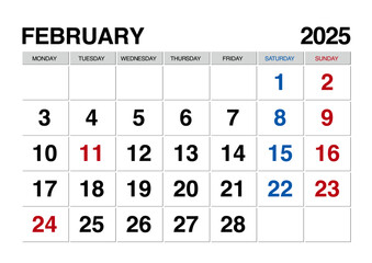 2025年2月のカレンダー日曜始まり日本の祝日表記有り

