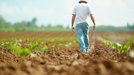 Farmer walking through a cultivated field, inspecting the growth of young plants under bright sunlight in a rural farming landscape.