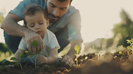 Father teaching son gardening, bonding while planting in soil on a sunny day, emphasizing family, nature, and sustainability.