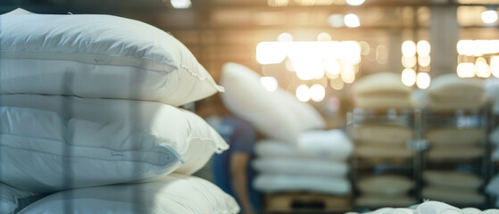 Obraz premium A soft-focused industrial setting with neatly stacked white pillows, capturing a serene, organized atmosphere within a cluttered workspace.