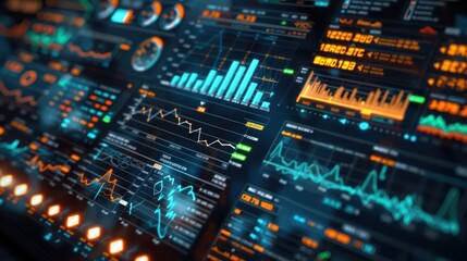 high-tech financial dashboard displaying real-time stock market data, with graphs, metrics, and digital maps illuminated by ambient light