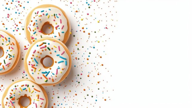 Five delicious doughnuts with white icing and colorful sprinkles on a white background, creating a vibrant and playful scene.
