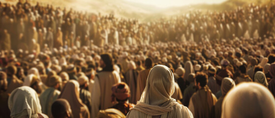 A vast congregation listens intently to a cloaked figure from a distance, emphasizing the power of mass gatherings and collective faith.