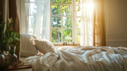 Curtain window view to kingsize bed in bright and cozy bedroom