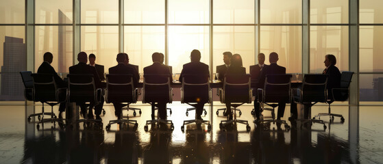 Ten business professionals form a formal meeting around a long table in a sleek boardroom, illuminated by the warm glow of sunset filtering through large windows.