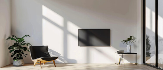 A minimalist living room with abundant natural light features a sleek black chair beside a modern entertainment setup, enhanced by lush indoor plants.