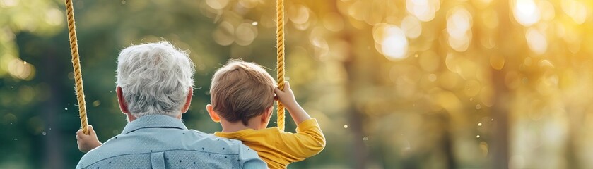 Obraz premium Grandfather and grandson sitting on swings in a park, enjoying a sunny day. The scene is peaceful with a background of trees and sunlight.