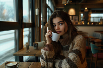 Young woman holding a cup of coffee in cozy café, sitting by window, enjoying drink and view, warm inviting atmosphere with copy space
