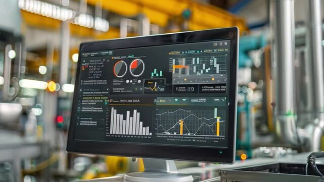 A computer monitor displays various data analytics charts and graphs, likely for industrial purposes, with a blurred factory background.