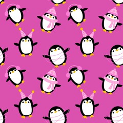 Fototapeta premium Cartoon festive animals seamless birthday decor and penguin pattern