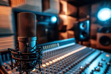 Professional condenser microphone standing in a recording studio