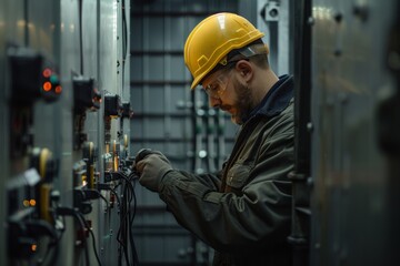 Electrician working on industrial machinery wearing hard hat safety equipment concept