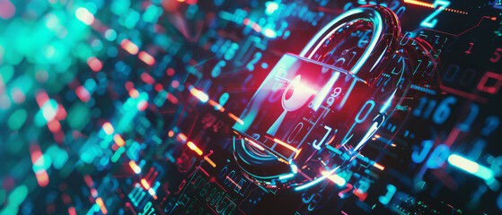A virtual padlock and streams of digital data represent the dynamic and secure nature of cybersecurity in a colorful digital framework.