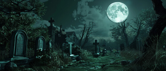 A moonlit cemetery scene, filled with weathered tombstones and an eerie ambiance, suffused with a haunting yet serene atmosphere.