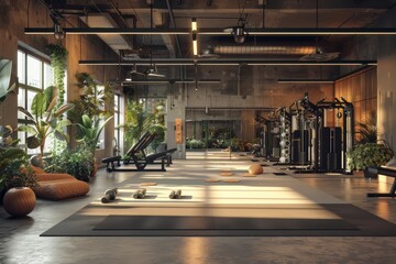 Spacious modern gym with workout equipment and sunlight streaming through windows