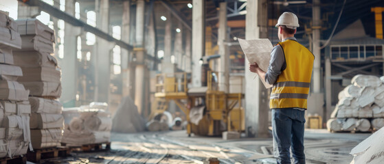 A man in a yellow high-visibility vest examining construction plans in a spacious warehouse filled with building materials and equipment.