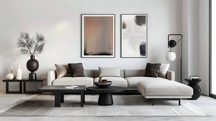Elegant living room interior with mock up poster frame modular sofa black coffee table rug pouf lamp pillows wooden bench vase