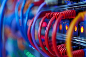 Colorful network cables in server room glowing lights technology concept