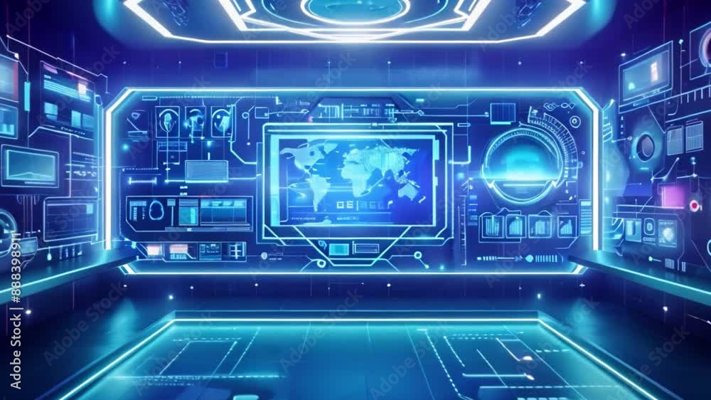 Poster a high-tech control room features a central world map display surrounded by data dashboards and scre