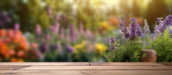 Wooden Tabletop with Purple Flowers and a Blurry Garden Background