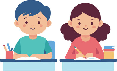 Boy and girl studying together in classroom