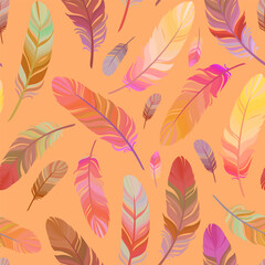 Cute pattern of multi-colored delicate painted feathers. Vector seamless illustration