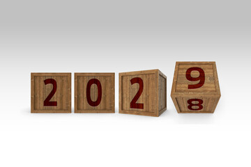 Happy New Year 2029 graphic. Hand flip 2028 to 2029 block.