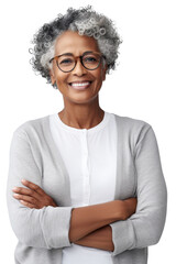 Older Black woman smiling, transparent background (PNG)