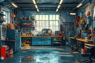 Mechanic workshop with tools organized and car on lift in illustration